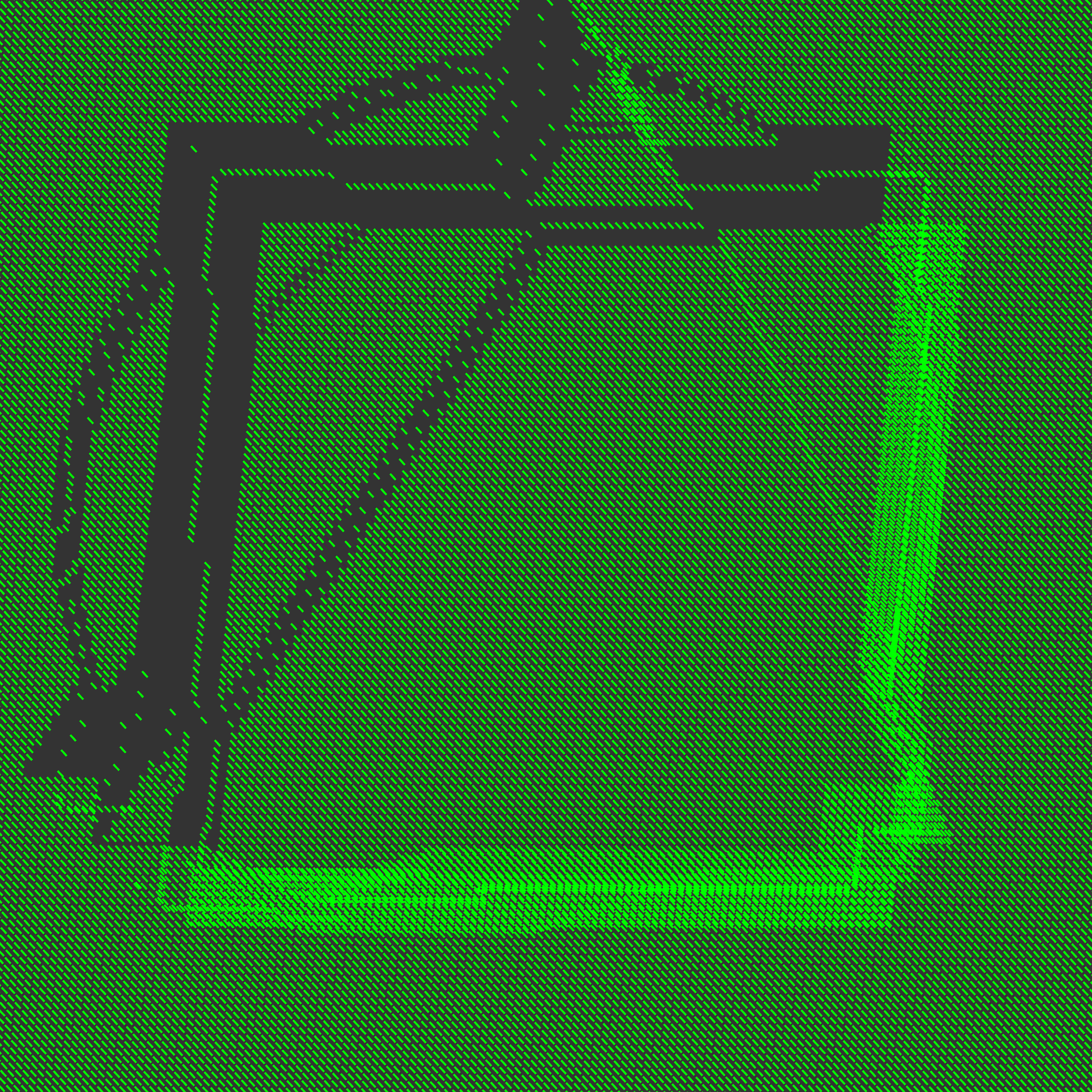 Bright green and dark room-like perspectival field.